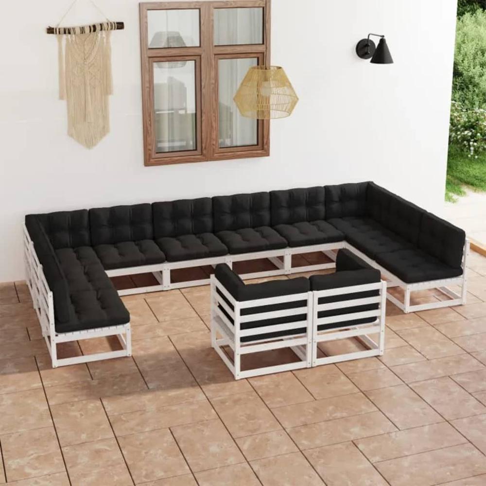 vidaXL 12 Piece Patio Lounge Set with Cushions White Solid Pinewood, 3077275. Picture 1