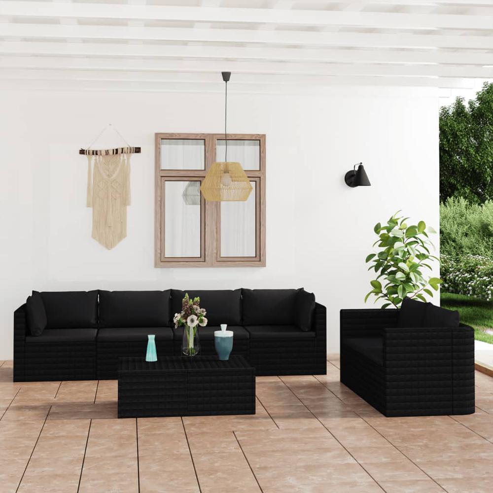 vidaXL 7 Piece Patio Lounge Set with Cushions Poly Rattan Black, 3059501. Picture 1