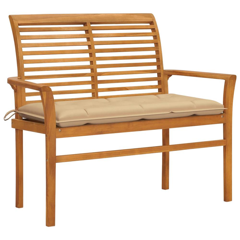 vidaXL Patio Bench with Beige Cushion 44.1" Solid Teak Wood, 3062667. Picture 1