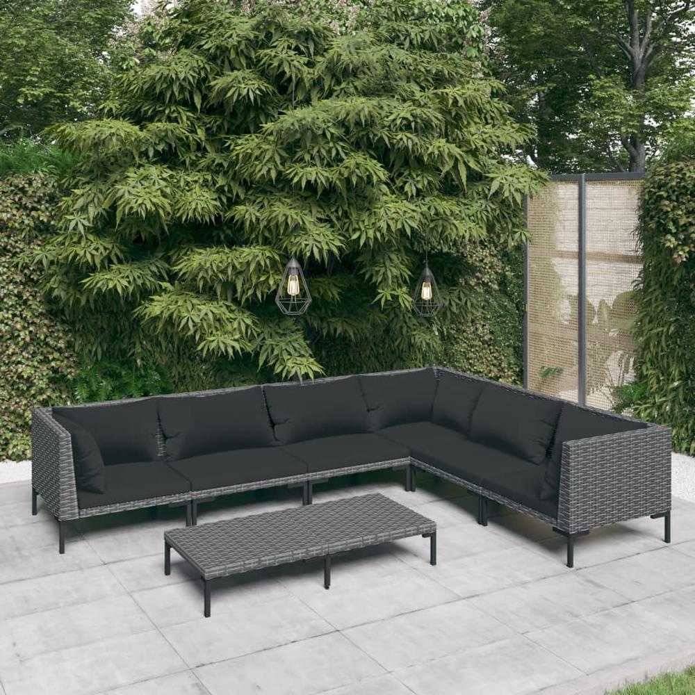 vidaXL 7 Piece Patio Lounge Set with Cushions Poly Rattan Dark Gray, 3099843. Picture 1