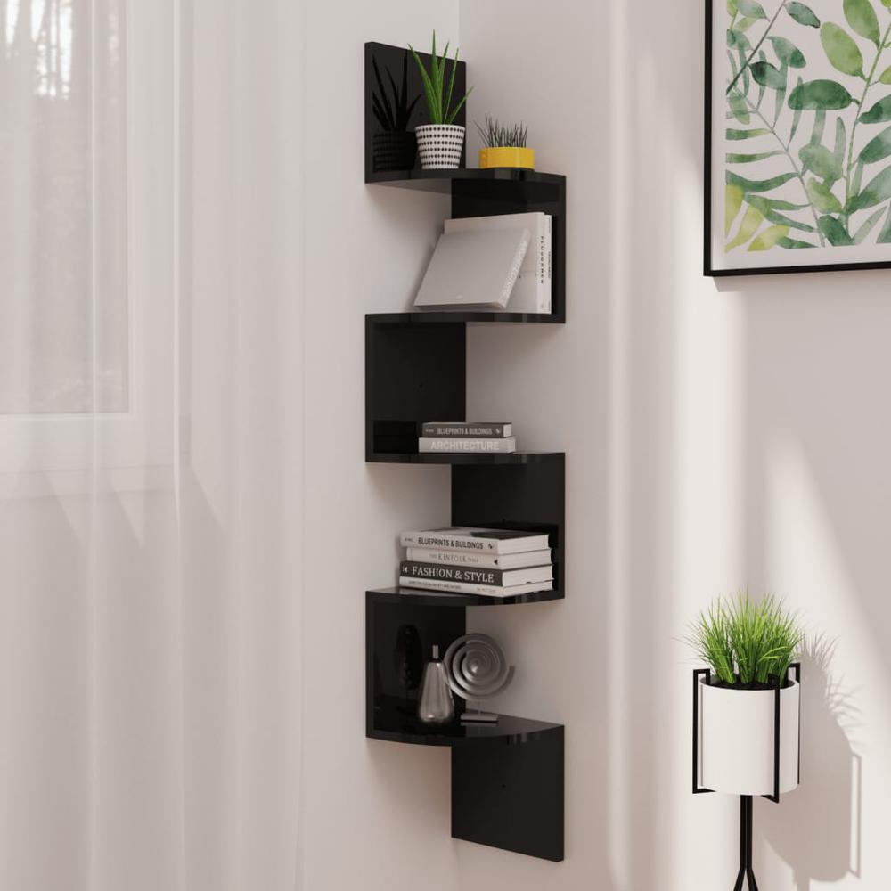 vidaXL Wall Corner Shelf High Gloss Black 7.5"x7.5"x48.4" Engineered Wood. Picture 1