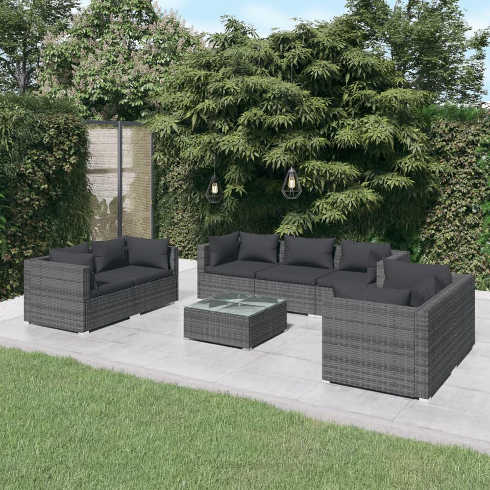 vidaXL 8 Piece Patio Lounge Set with Cushions Poly Rattan Gray, 3102277. Picture 1