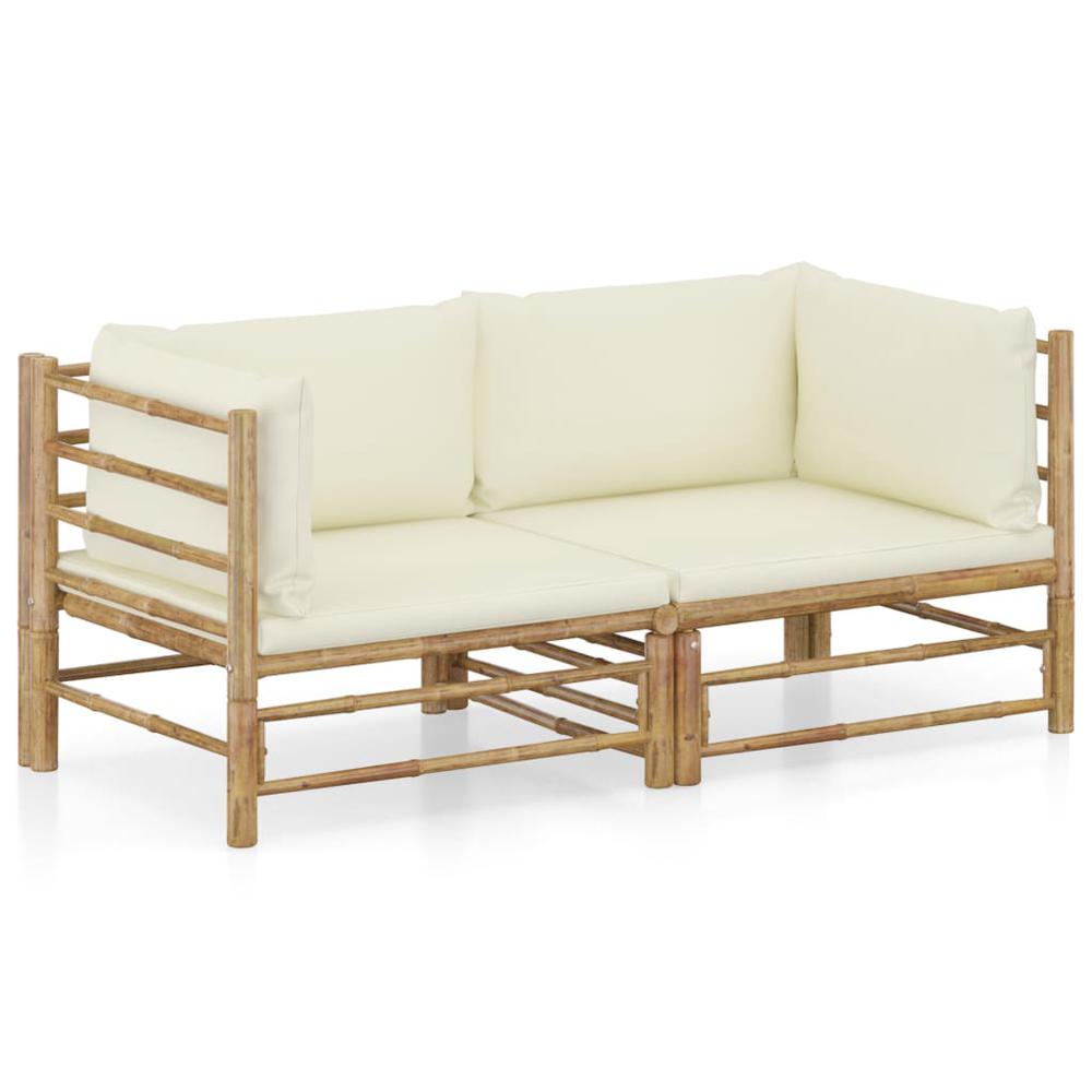 vidaXL 2 Piece Patio Lounge Set with Cream White Cushions Bamboo. Picture 1