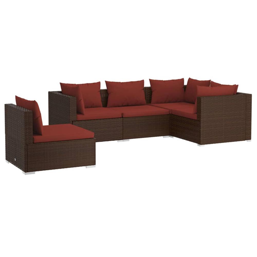 vidaXL 5 Piece Patio Lounge Set with Cushions Poly Rattan Brown, 3102315. Picture 2
