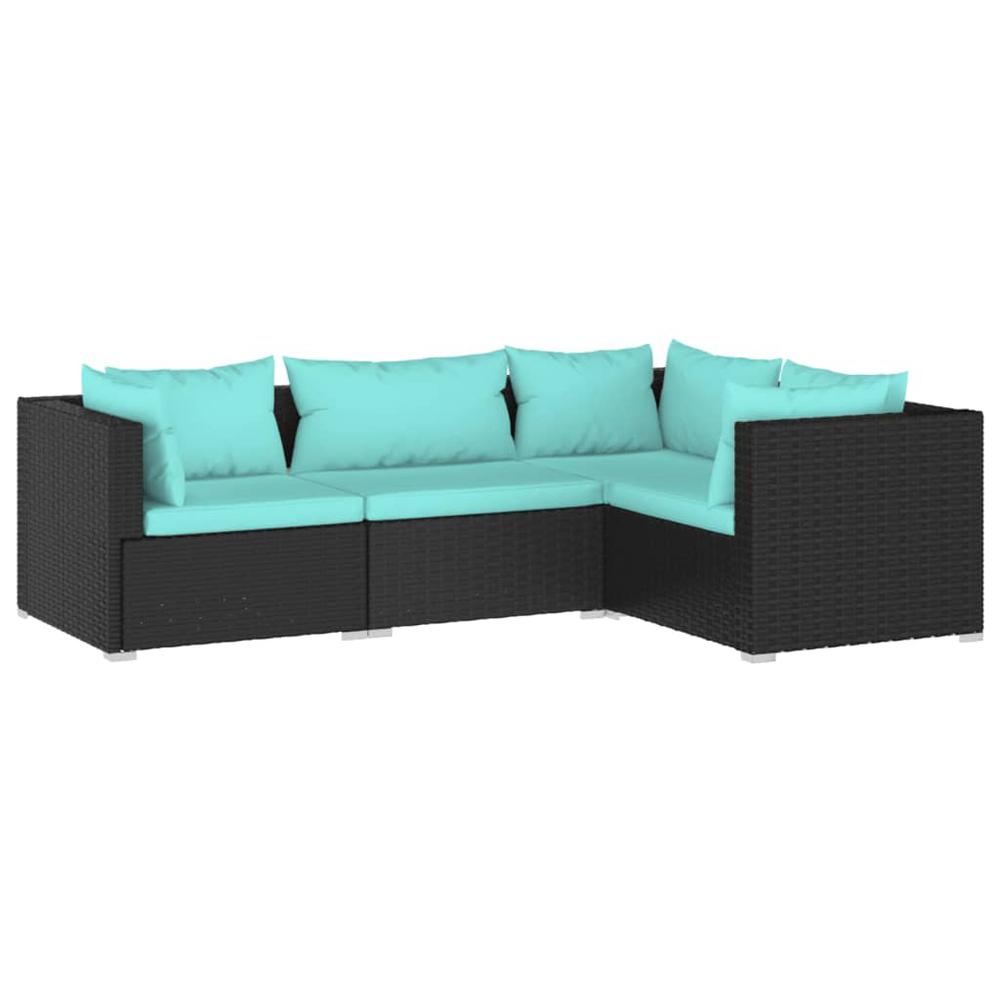 vidaXL 4 Piece Patio Lounge Set with Cushions Poly Rattan Black, 3101673. Picture 2