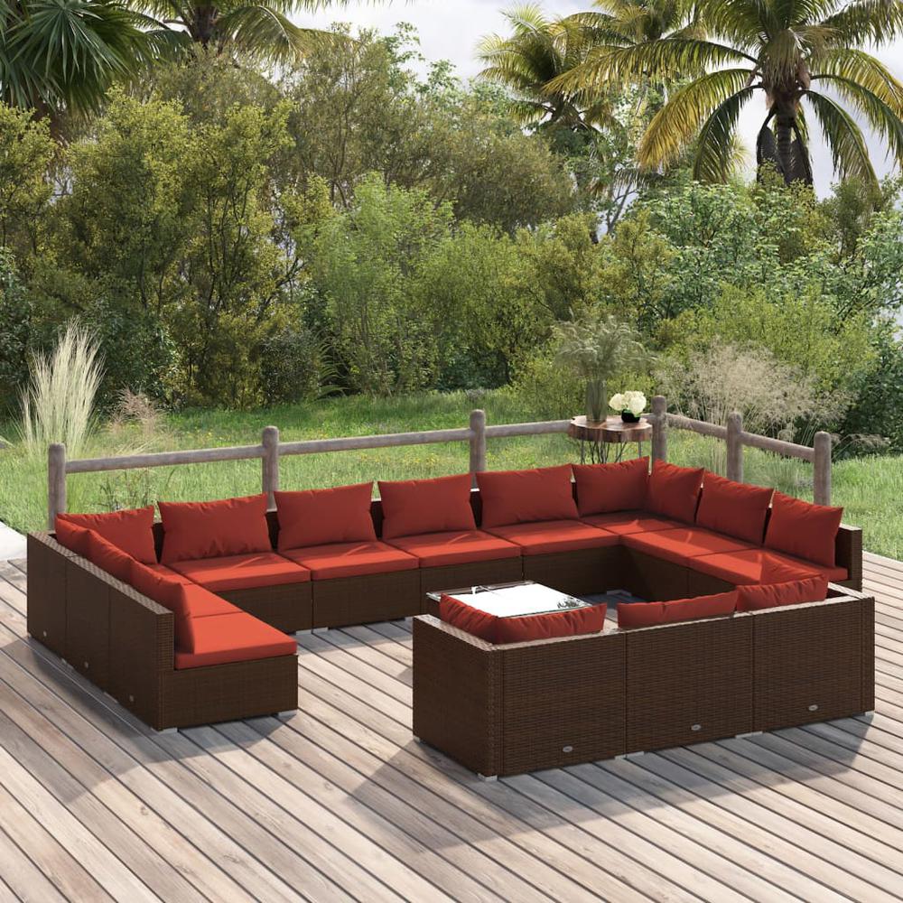 vidaXL 14 Piece Patio Lounge Set with Cushions Brown Poly Rattan, 3102115. Picture 1