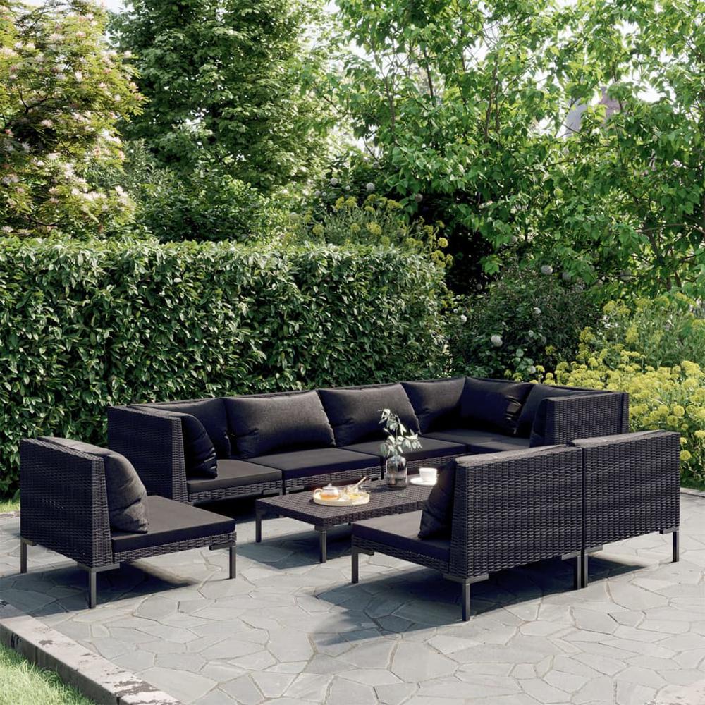 vidaXL 9 Piece Patio Lounge Set with Cushions Poly Rattan Dark Gray, 3099869. Picture 1