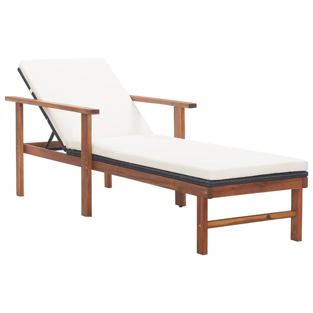 vidaXL Sun Lounger with Cushion Poly Rattan and Solid Acacia Wood Black. Picture 1