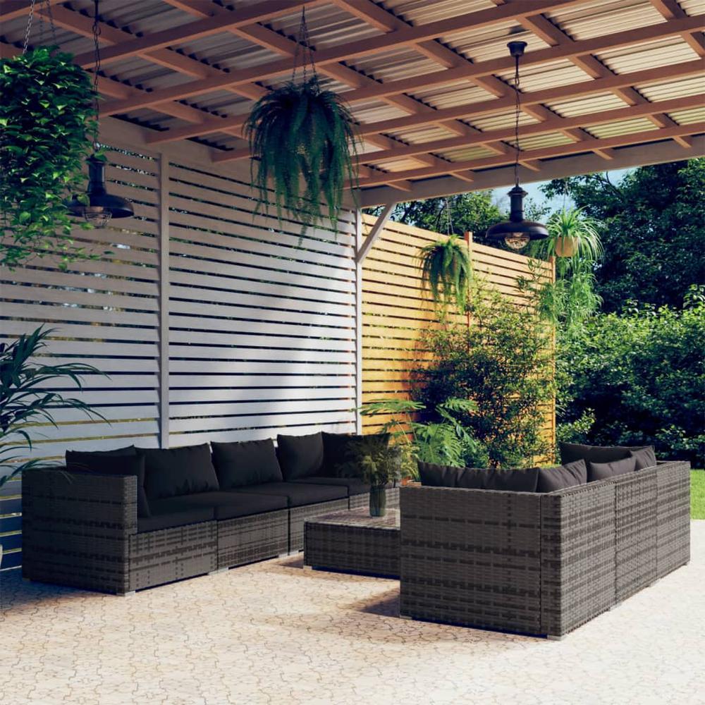 vidaXL 8 Piece Patio Lounge Set with Cushions Poly Rattan Gray, 3101509. Picture 1
