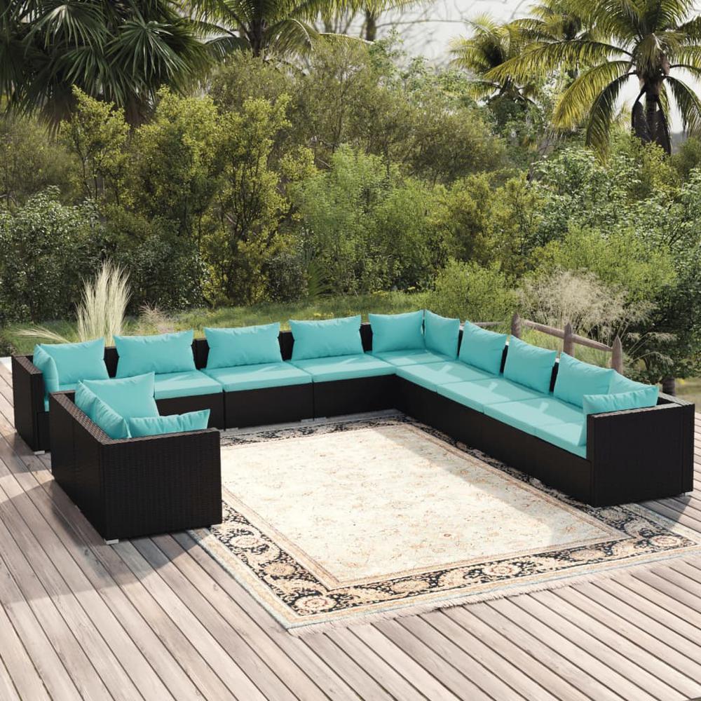 vidaXL 11 Piece Patio Lounge Set with Cushions Black Poly Rattan, 3102529. Picture 1