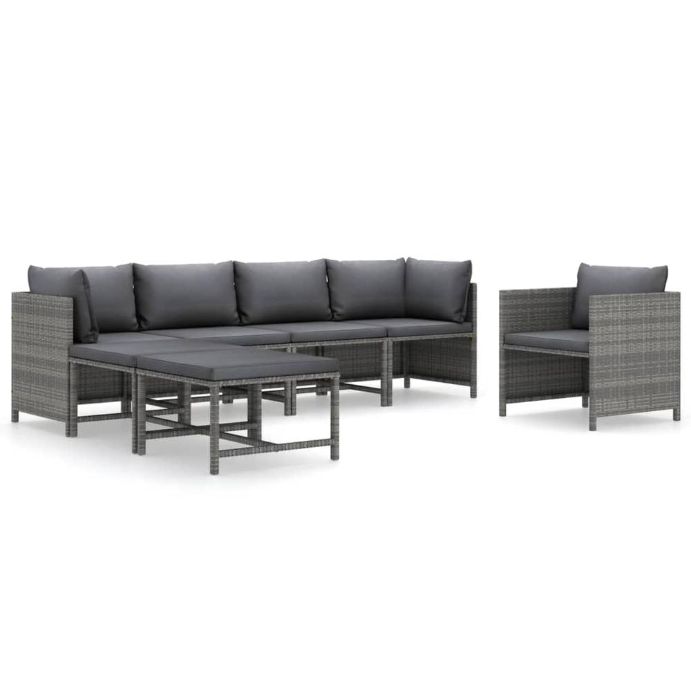 vidaXL 7 Piece Patio Lounge Set with Cushions Poly Rattan Gray, 3059758. Picture 2