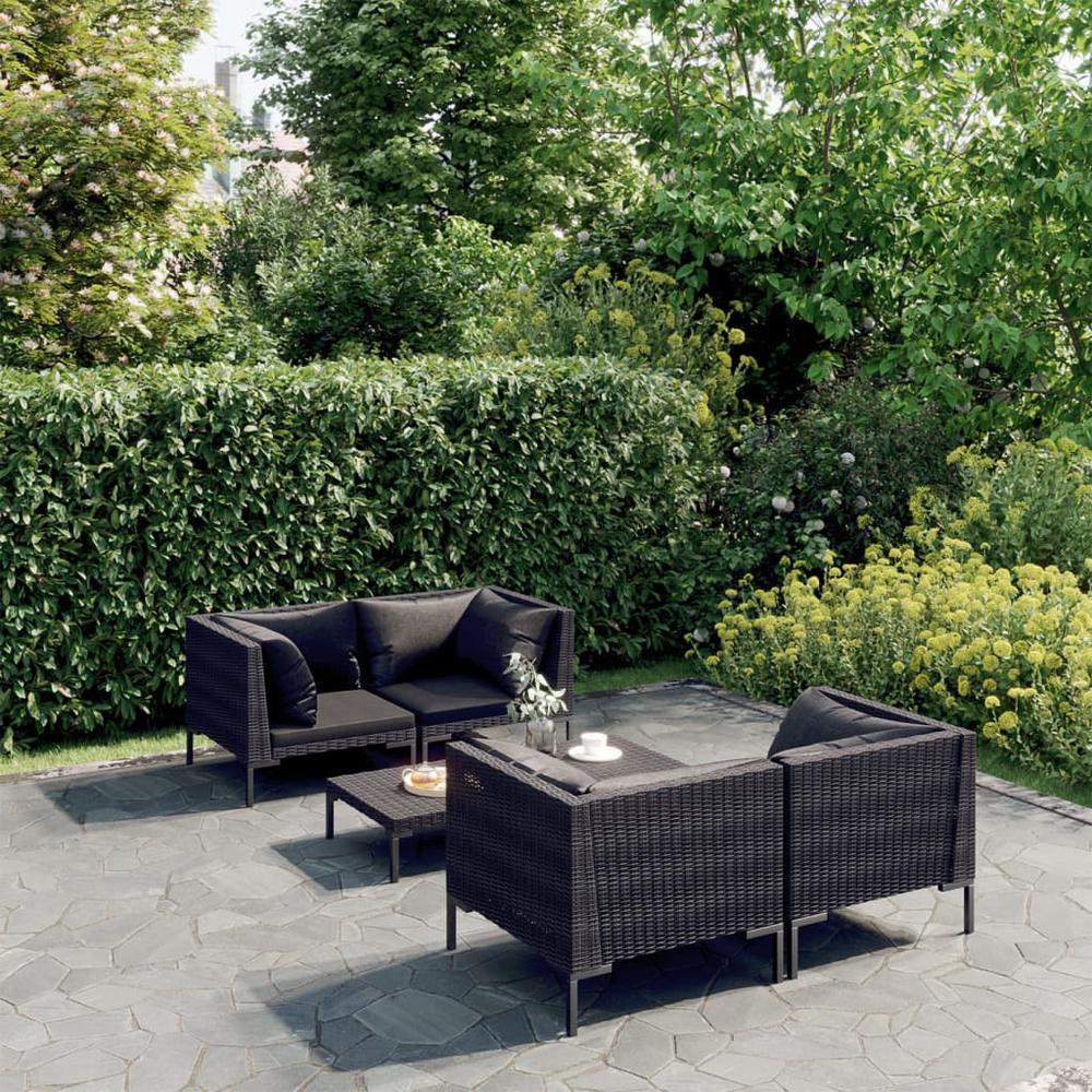 vidaXL 5 Piece Patio Lounge Set with Cushions Poly Rattan Dark Gray, 3099798. Picture 1