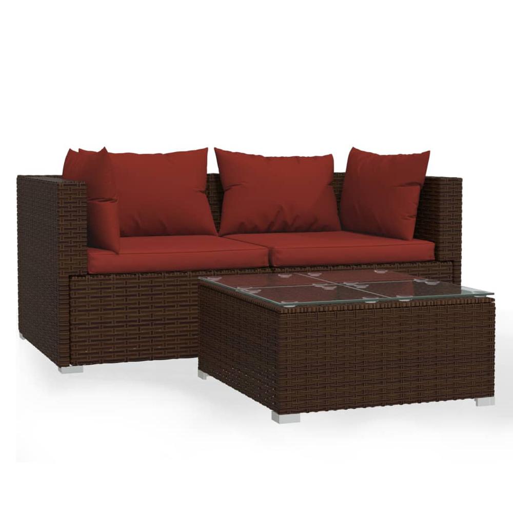 vidaXL 3 Piece Patio Lounge Set with Cushions Brown Poly Rattan, 317543. Picture 2