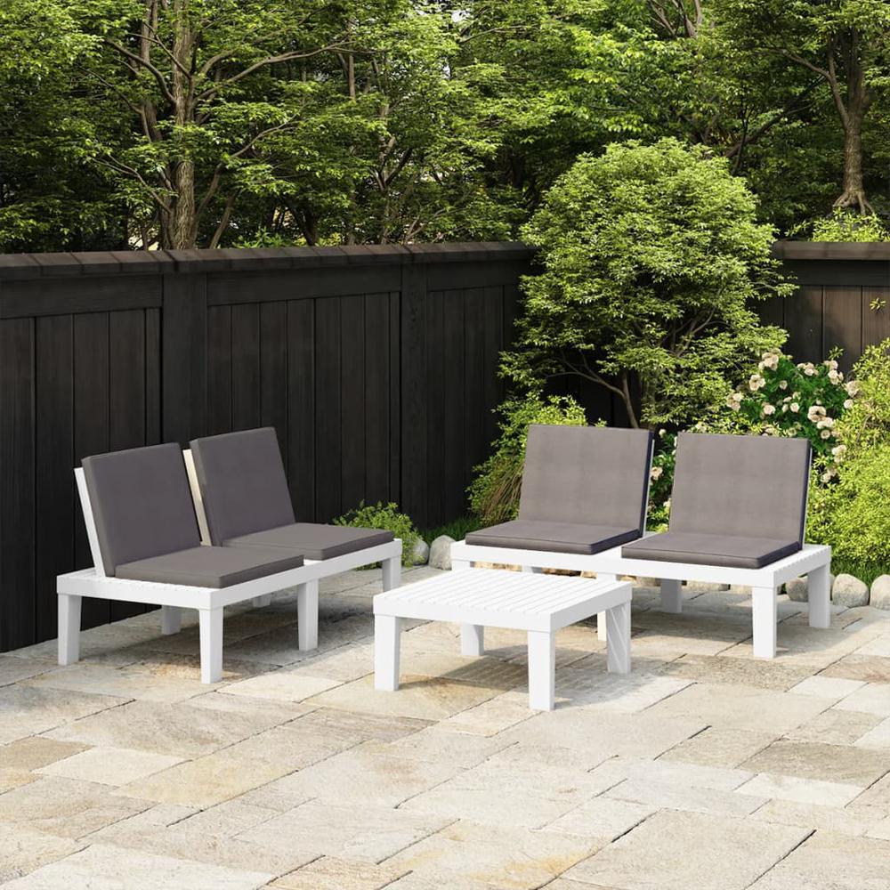 vidaXL 3 Piece Patio Lounge Set with Cushions Plastic White. Picture 1