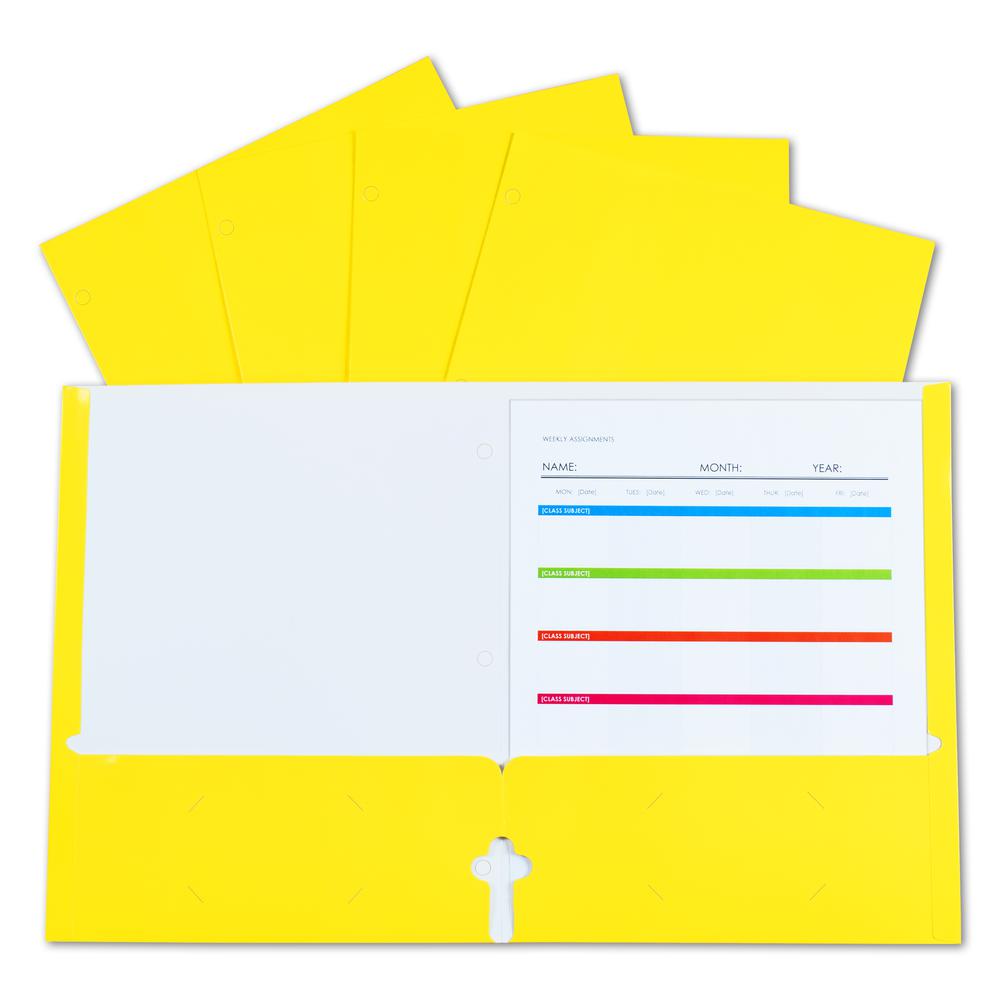 2-Pocket Laminated Paper Portfolio with 3-Hole Punch, Yellow, 25/PK, 06316. Picture 2