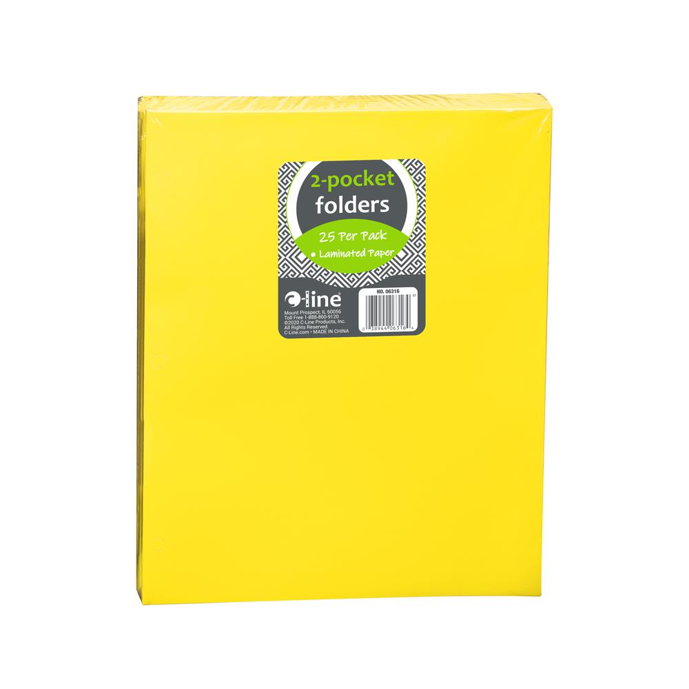 2-Pocket Laminated Paper Portfolio with 3-Hole Punch, Yellow, 25/PK, 06316. Picture 1