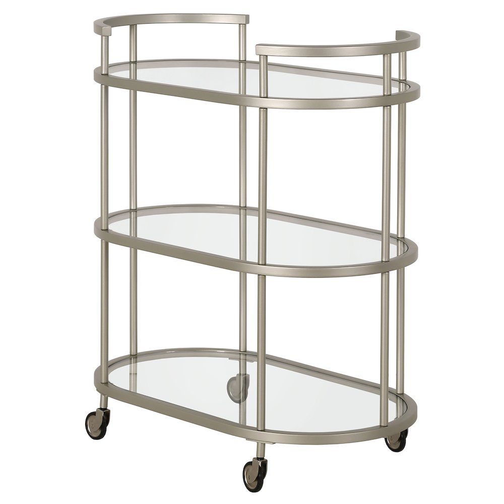 Leif 30'' Wide Oval Bar Cart in Satin Nickel. Picture 2