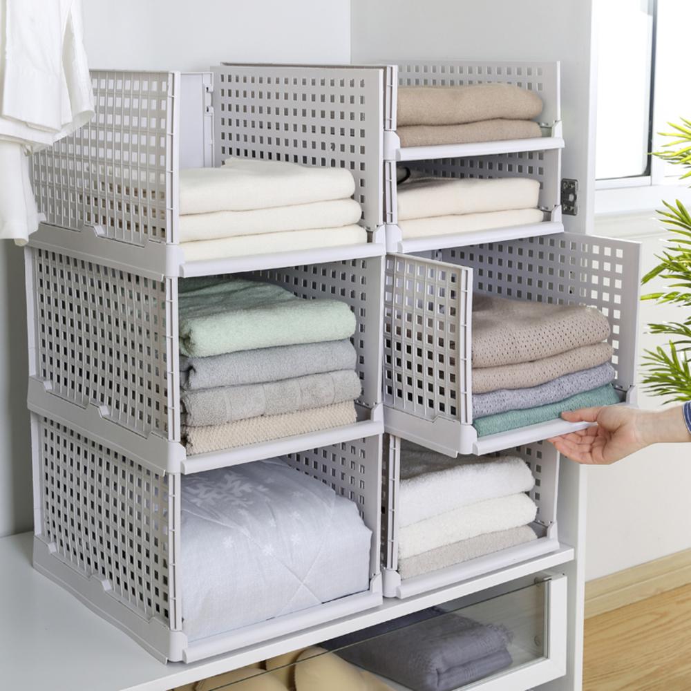 Folding and Stackable Storage Shelf | Foldable Drawer Organizer | Closet Wardrobe Organizer, Set of 4, Light Gray. Picture 2