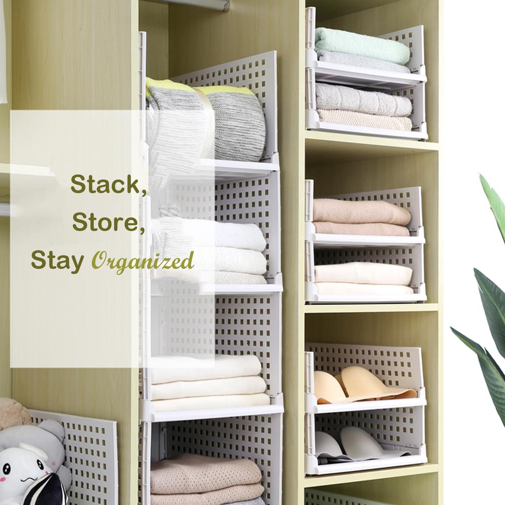 Folding and Stackable Storage Shelf | Foldable Drawer Organizer | Closet Wardrobe Organizer, Set of 4, Light Gray. Picture 5