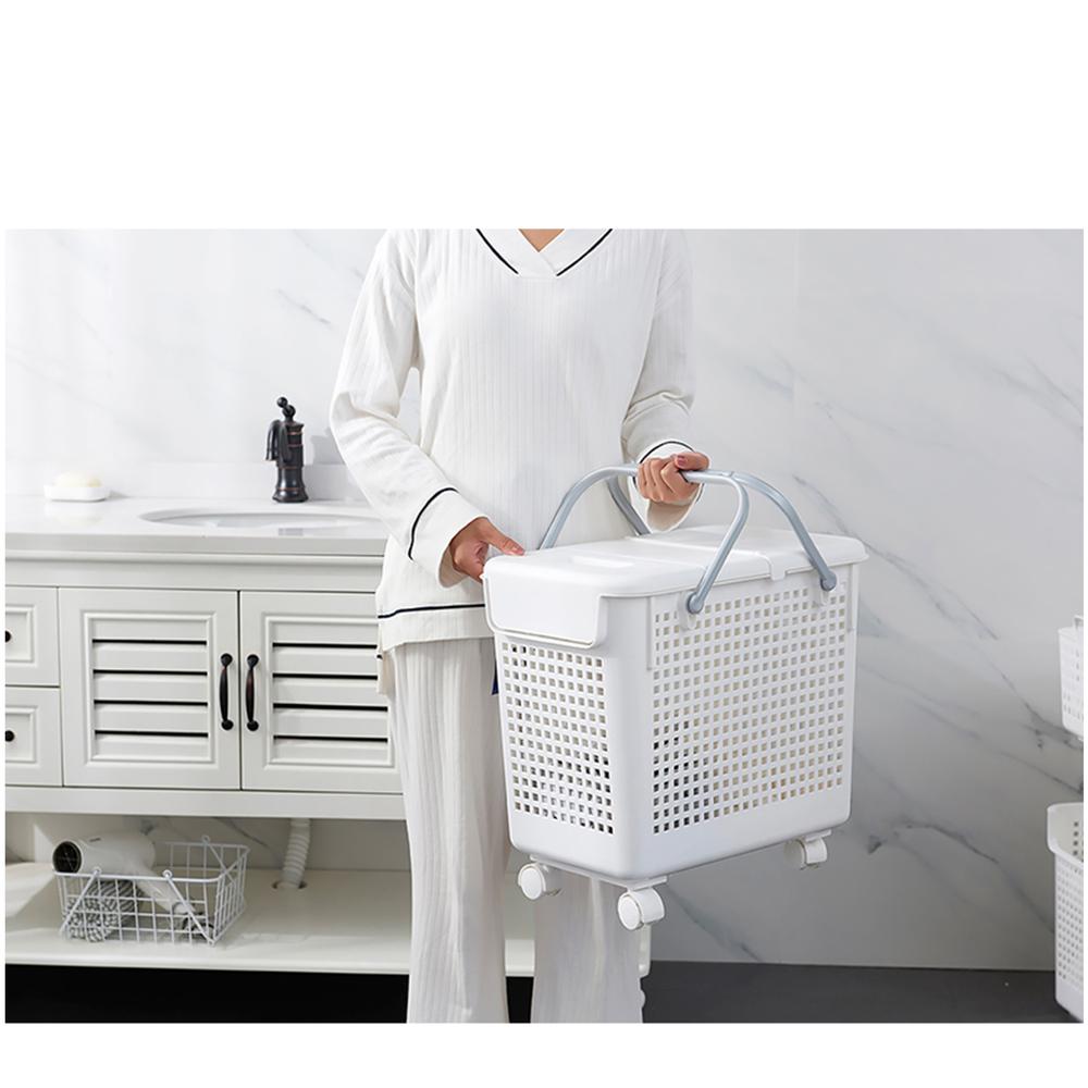 HANAMYA 3 Pieces of Laundry Hampers Basket, with Lid and Wheels, Modern Hollow-carved Design, White. Picture 7
