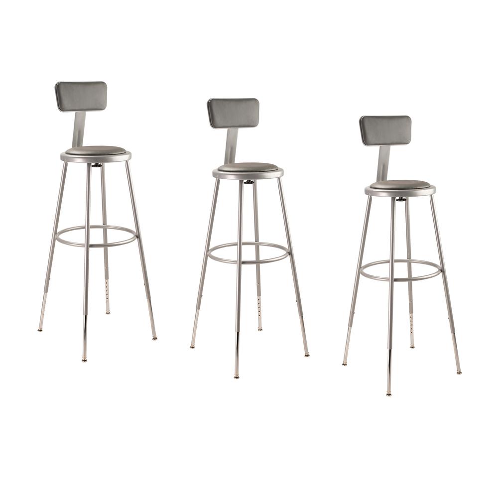 (3 Pack) NPS® 32"-39" Height Adjustable Heavy Duty Vinyl Padded Steel Stool With Backrest, Grey. Picture 1