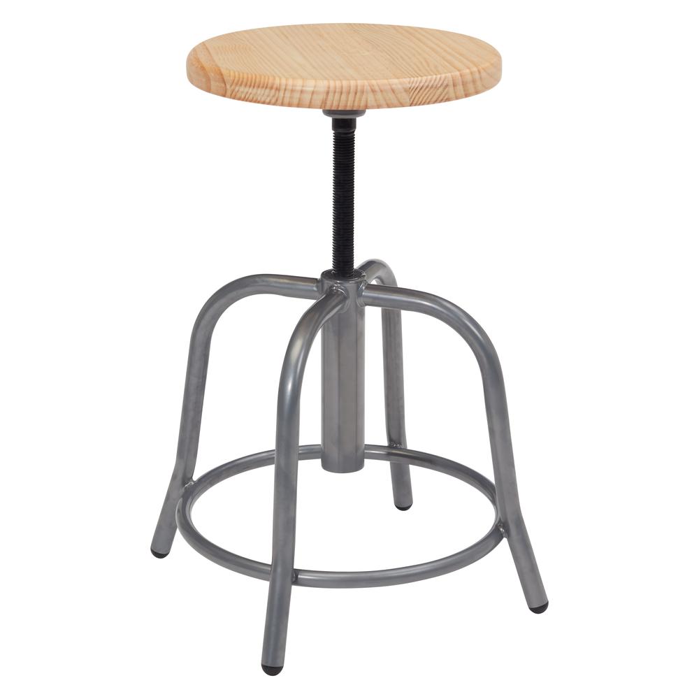 NPS® 19” - 25” Height Adjustable Swivel Stool, Wooden Seat and Grey Frame. Picture 2
