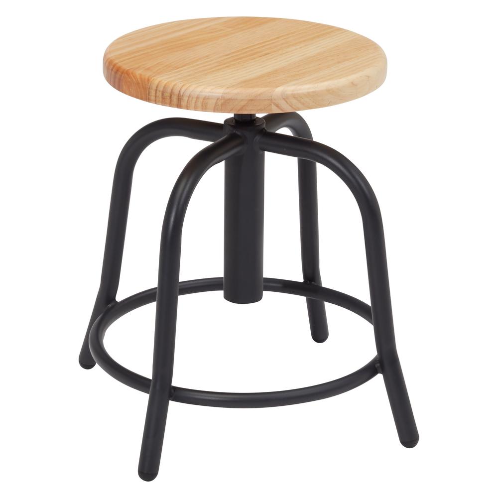 NPS® 19” - 25” Height Adjustable Swivel Stool, Wooden Seat and Black Frame. The main picture.