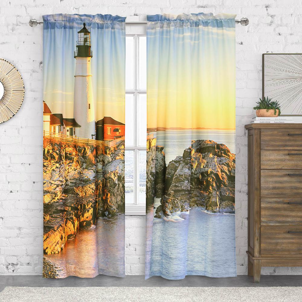 Photo Reel Lighthouse Pole Top Curtain Pair each Panel 38 x 84 in Multi. Picture 1