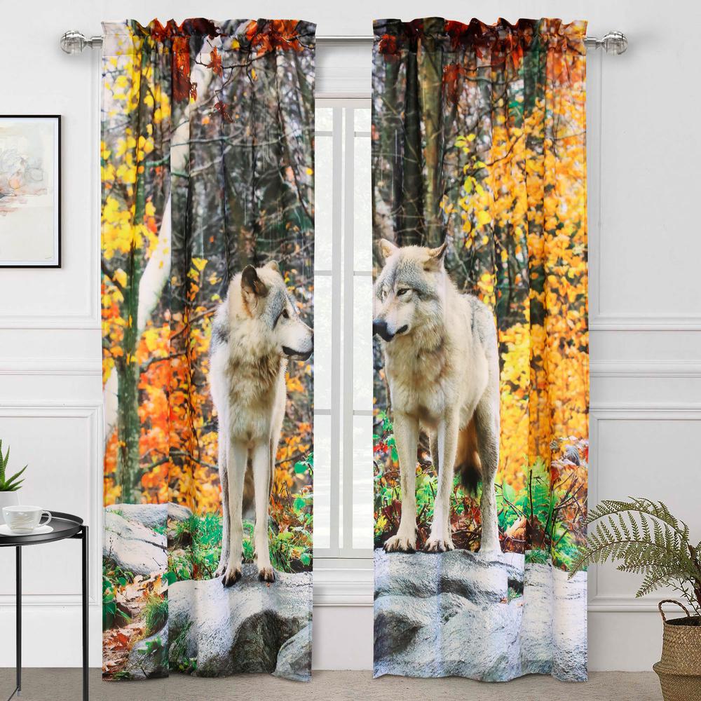 Photo Reel Wolves Pole Top Curtain Pair each Panel 38 x 84 in Multi. Picture 1