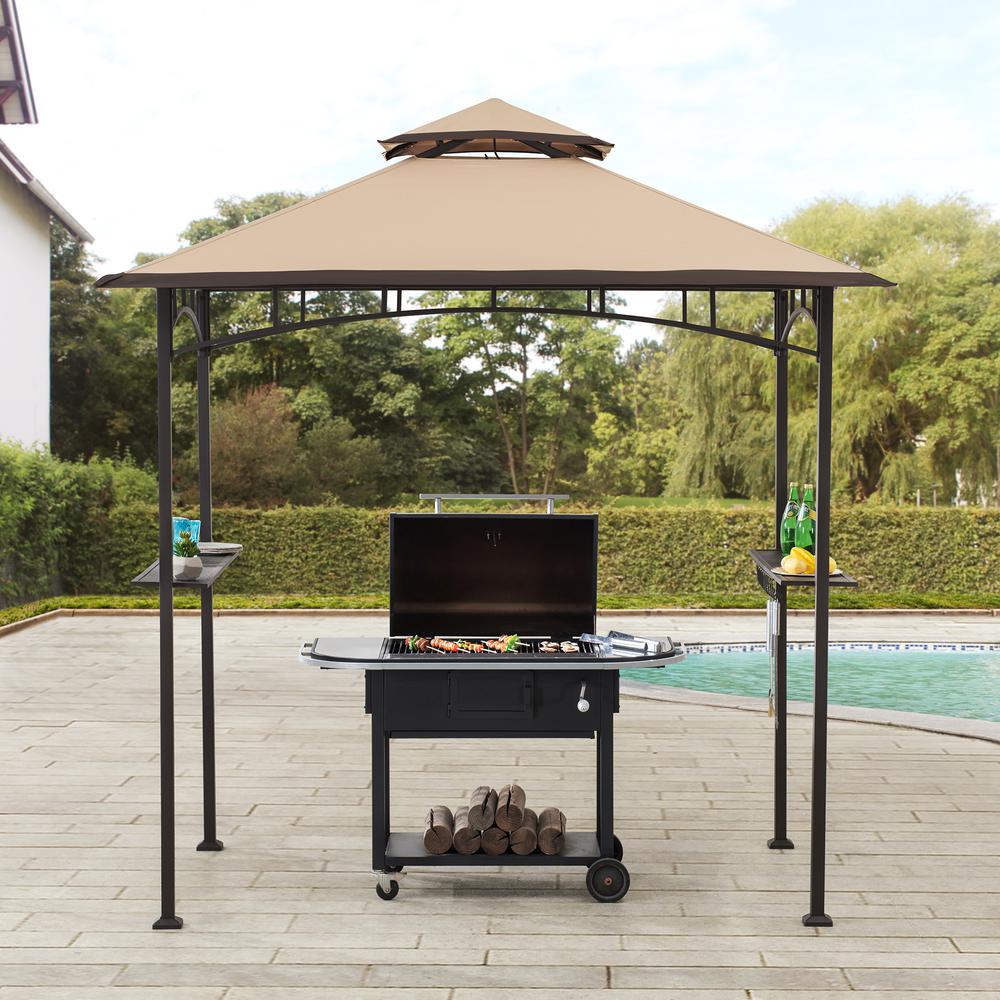 Sunjoy 5 ft. x 8 ft. Brown Steel 2-tier Grill Gazebo with Tan and Brown Canopy. Picture 5