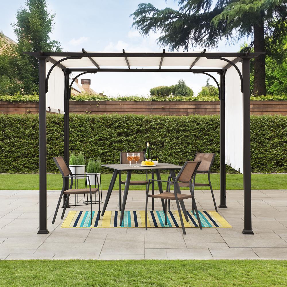 Brown Metal Classic Pergola with Adjustable White Garden Shade. Picture 5