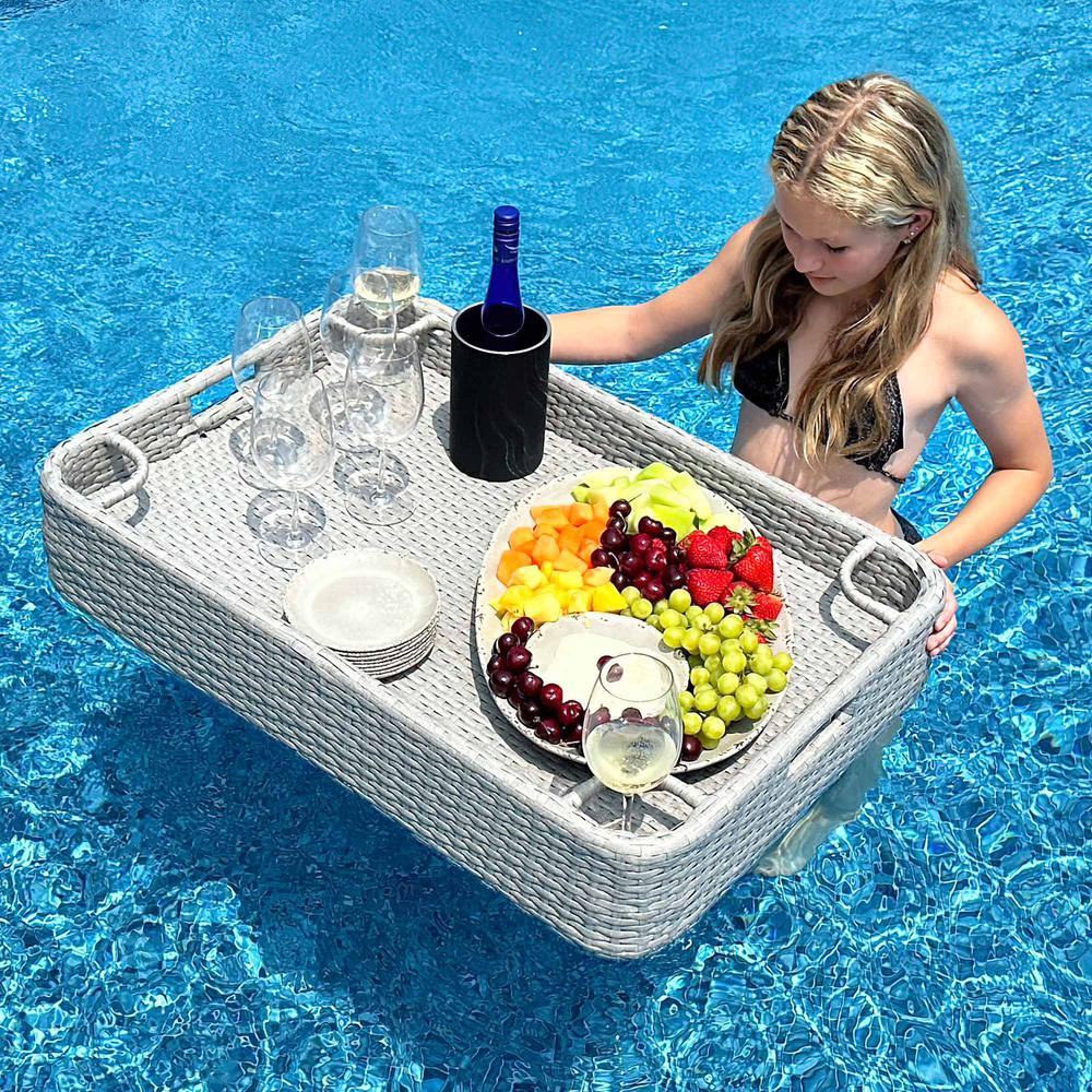 Wicker Floating Pool Tray Durable & Sturdy Aluminum Frame Pool Accessory Tray. Picture 12