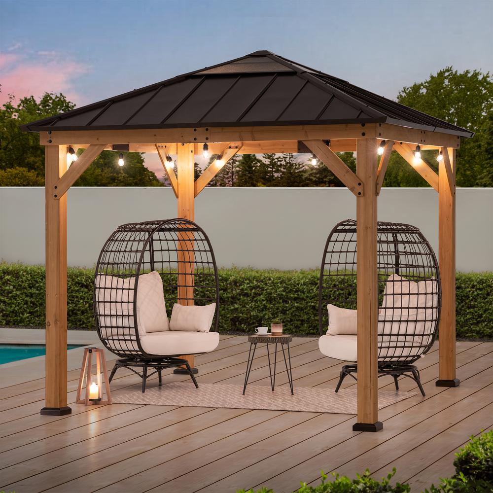 Outdoor Patio, Cedar Framed Gazebo with Steel & Polycarbonate Hip Roof Hardtop. Picture 11