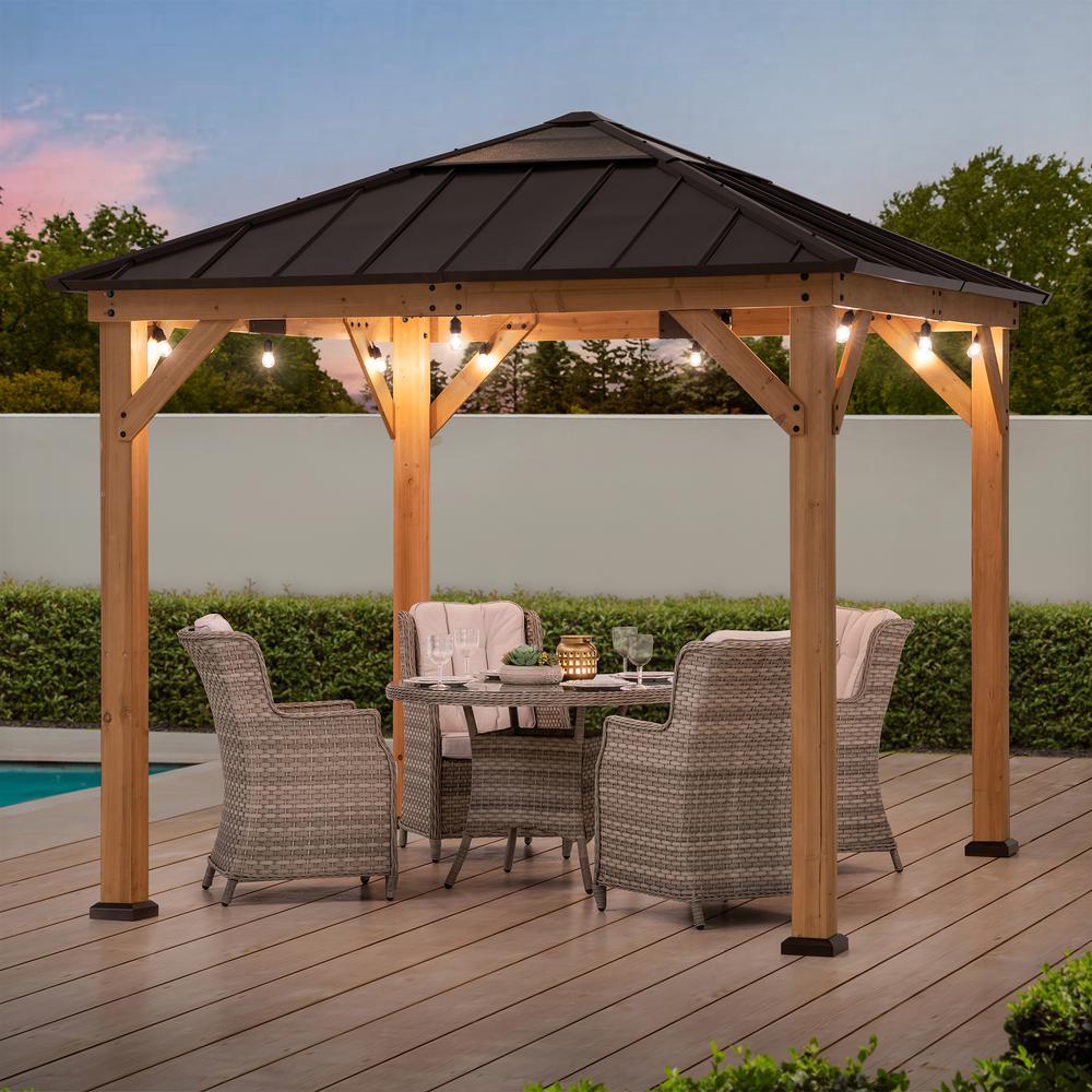 Outdoor Patio, Cedar Framed Gazebo with Steel & Polycarbonate Hip Roof Hardtop. Picture 13