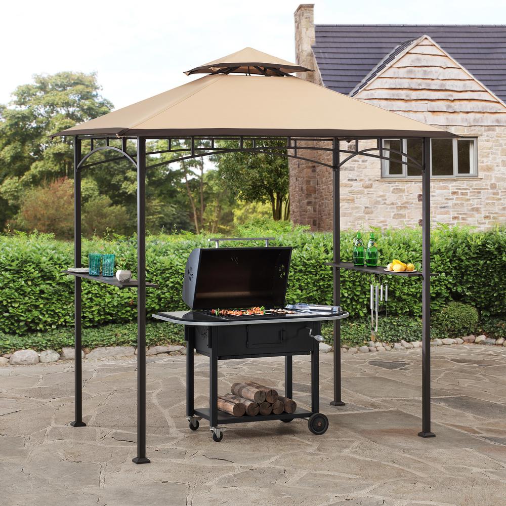 Sunjoy 5 ft. x 8 ft. Brown Steel 2-tier Grill Gazebo with Tan and Brown Canopy. Picture 10
