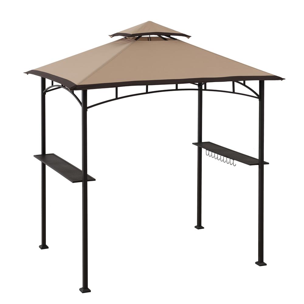 Sunjoy 5 ft. x 8 ft. Brown Steel 2-tier Grill Gazebo with Tan and Brown Canopy. Picture 6