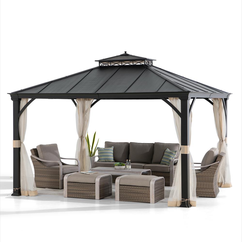 10 ft. x 12 ft. Brown Steel Gazebo with 2-tier Hip Roof Hard Top. Picture 1