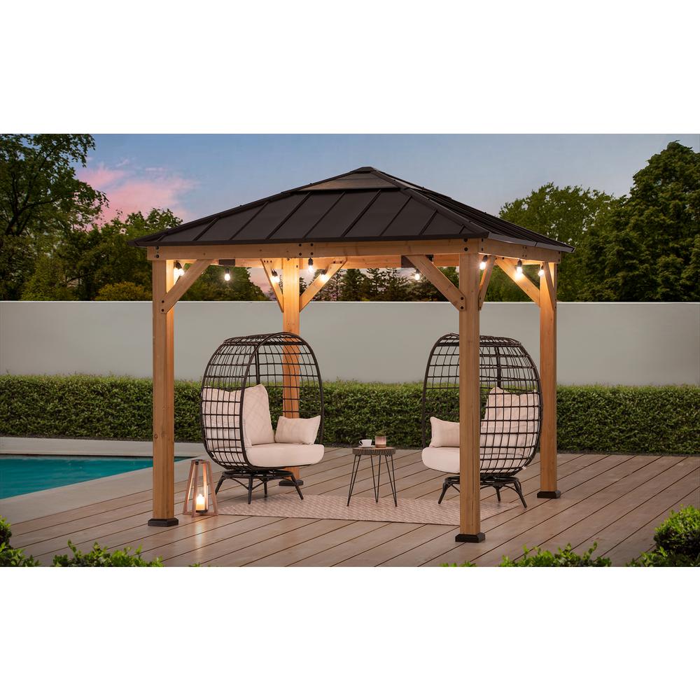 Outdoor Patio, Cedar Framed Gazebo with Steel & Polycarbonate Hip Roof Hardtop. Picture 10