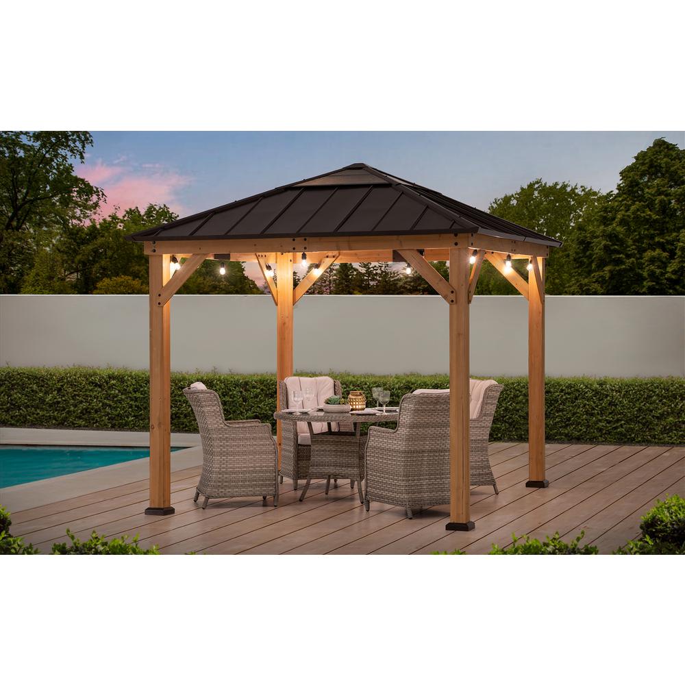 Outdoor Patio, Cedar Framed Gazebo with Steel & Polycarbonate Hip Roof Hardtop. Picture 12