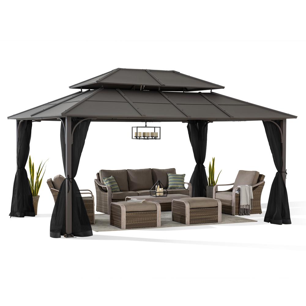 Sunjoy 12 ft. x 16 ft. Brown Steel Gazebo with 2-tier Hip Roof Hardtop. Picture 14