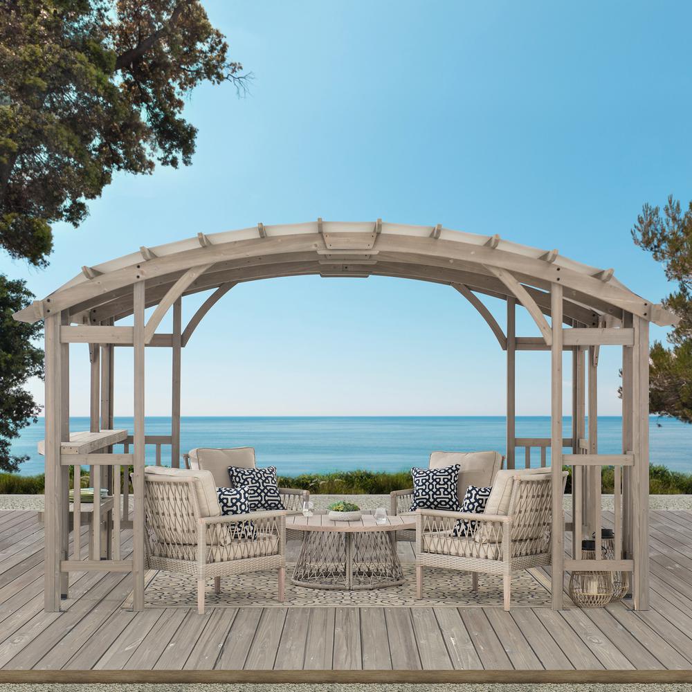 Outdoor Cedar Wood Framed Arched Pergola with weather-resistant canopy for Patio. Picture 12