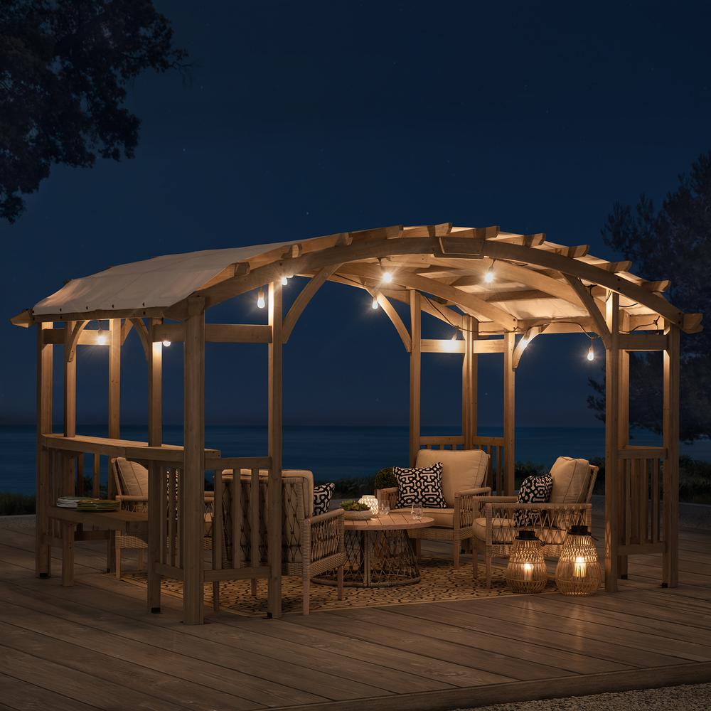 Outdoor Cedar Wood Framed Arched Pergola with weather-resistant canopy for Patio. Picture 13