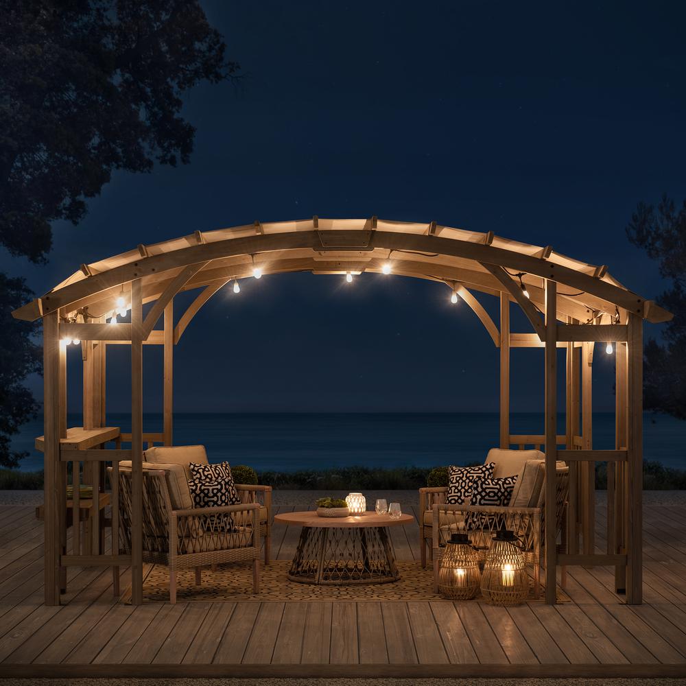 Outdoor Cedar Wood Framed Arched Pergola with weather-resistant canopy for Patio. Picture 14