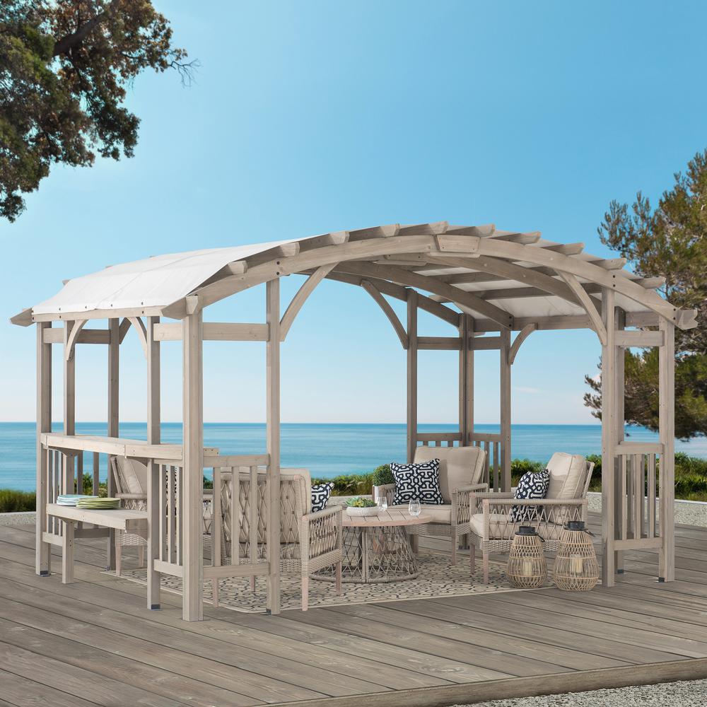 Outdoor Cedar Wood Framed Arched Pergola with weather-resistant canopy for Patio. Picture 15