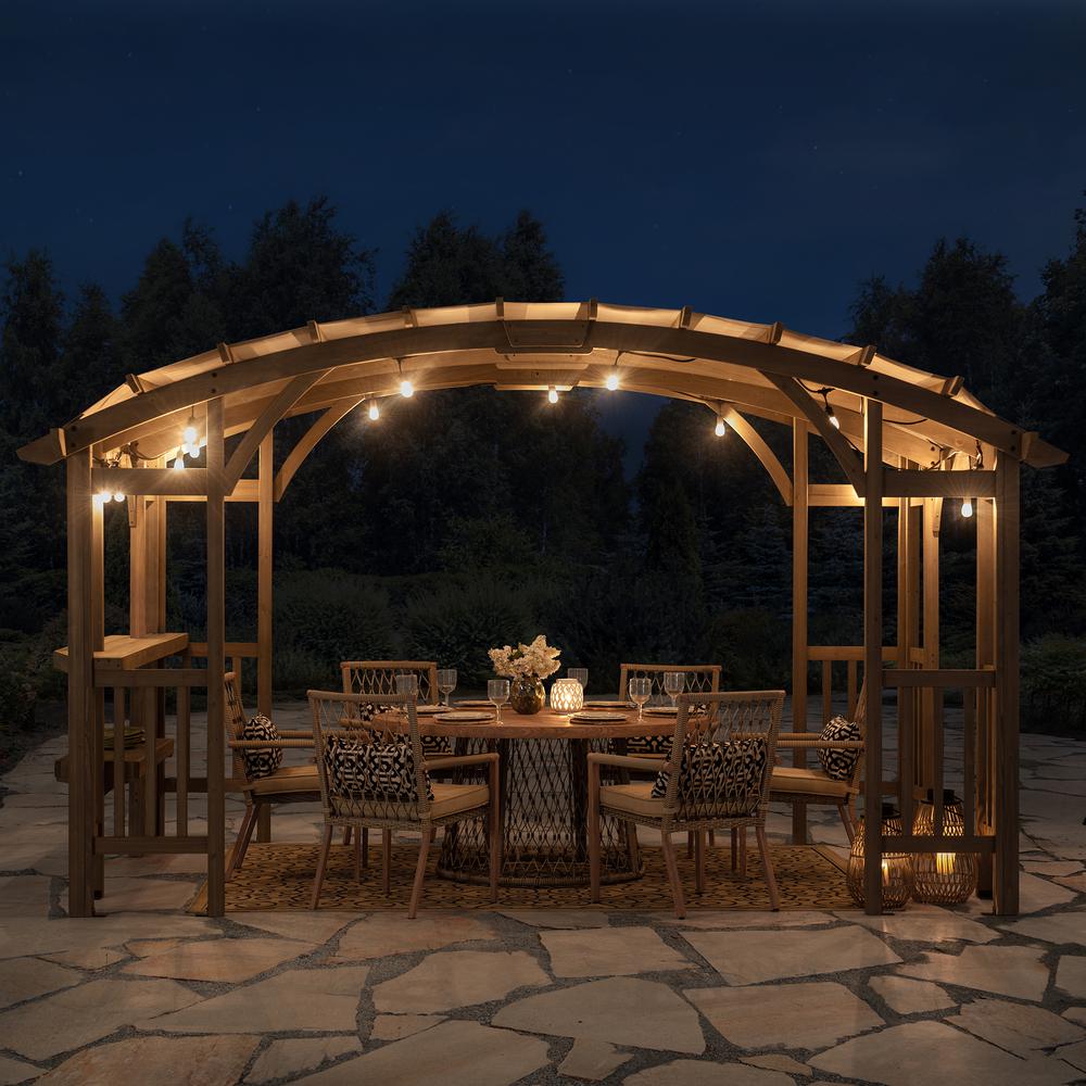 Outdoor Cedar Wood Framed Arched Pergola with weather-resistant canopy for Patio. Picture 18