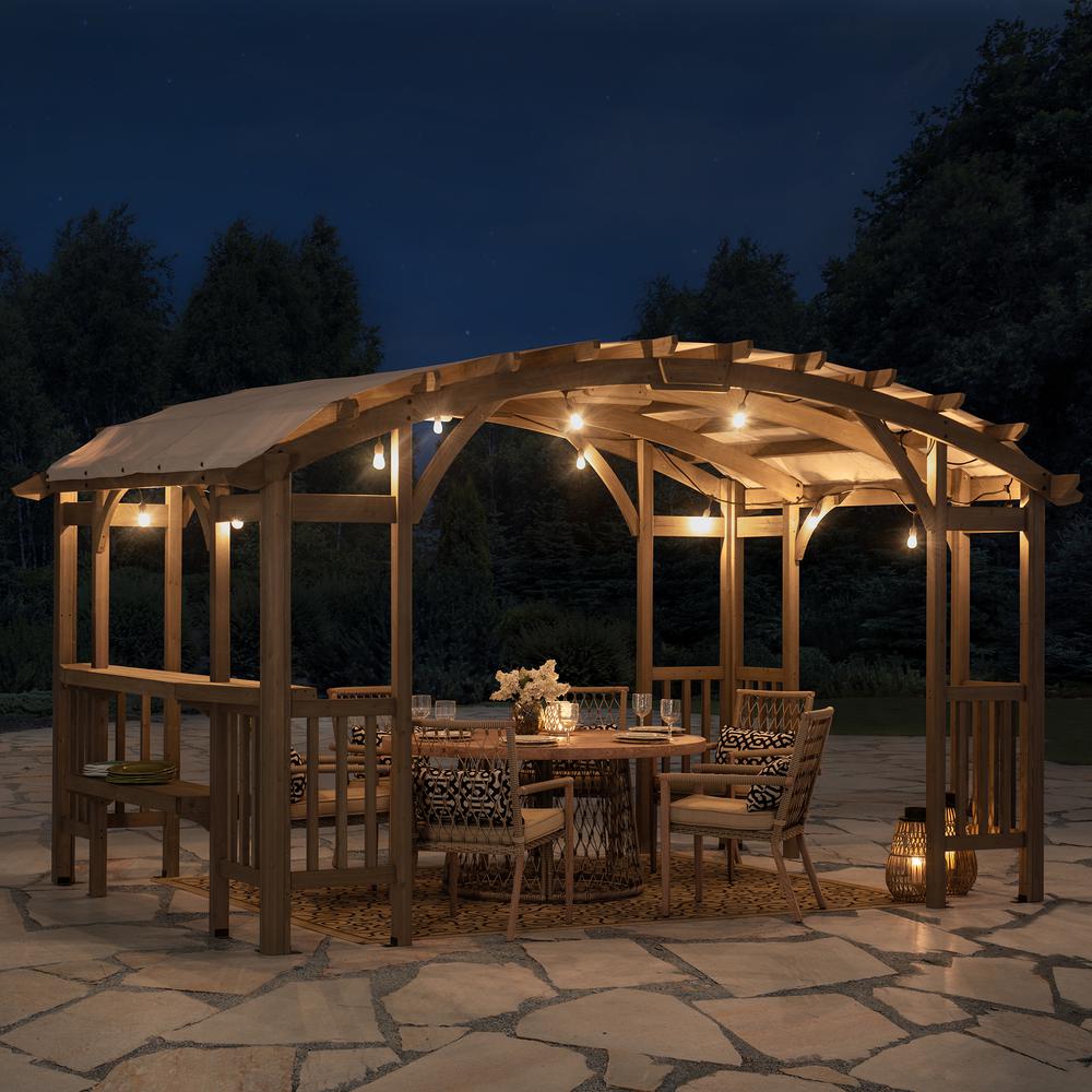 Outdoor Cedar Wood Framed Arched Pergola with weather-resistant canopy for Patio. Picture 16