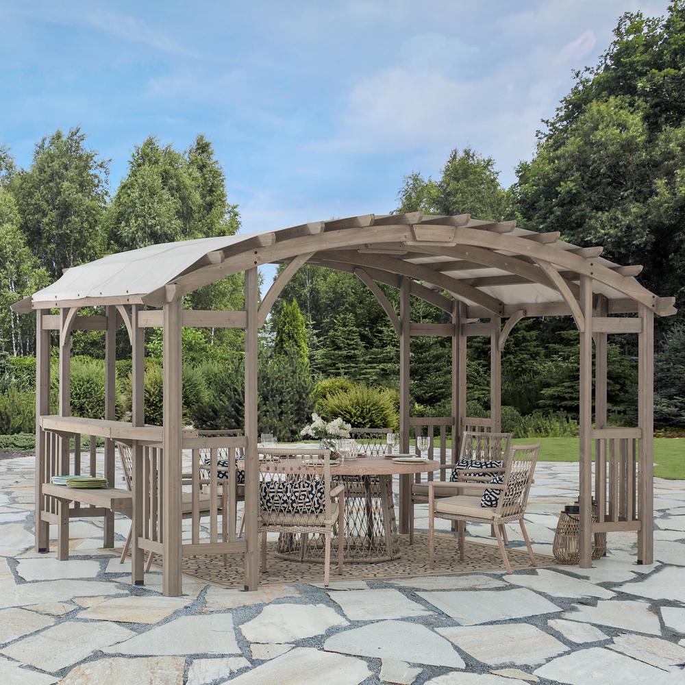 Outdoor Cedar Wood Framed Arched Pergola with weather-resistant canopy for Patio. Picture 19