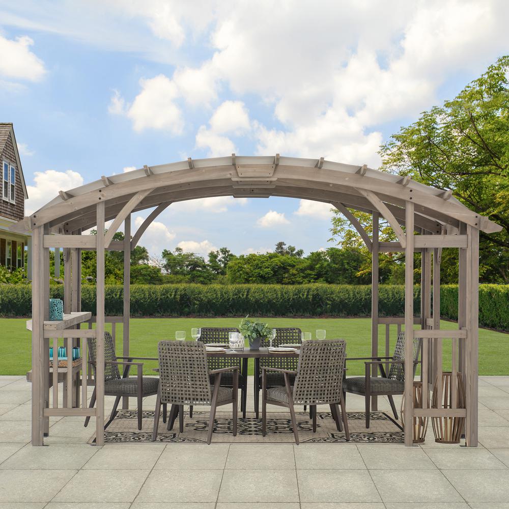 Outdoor Cedar Wood Framed Arched Pergola with weather-resistant canopy for Patio. Picture 20