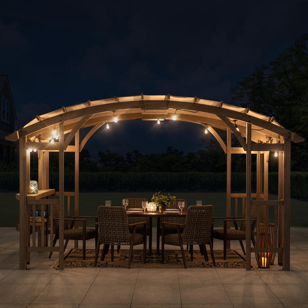 Outdoor Cedar Wood Framed Arched Pergola with weather-resistant canopy for Patio. Picture 28