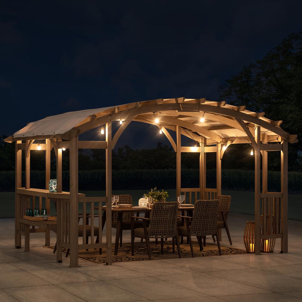 Outdoor Cedar Wood Framed Arched Pergola with weather-resistant canopy for Patio. Picture 22